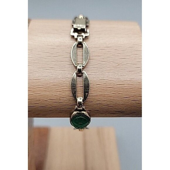 14k W. E. Richards Co. Symmetalic Sterling & Scarab Bracelet 6" Gemstones 1940s - Picture 3 of 15